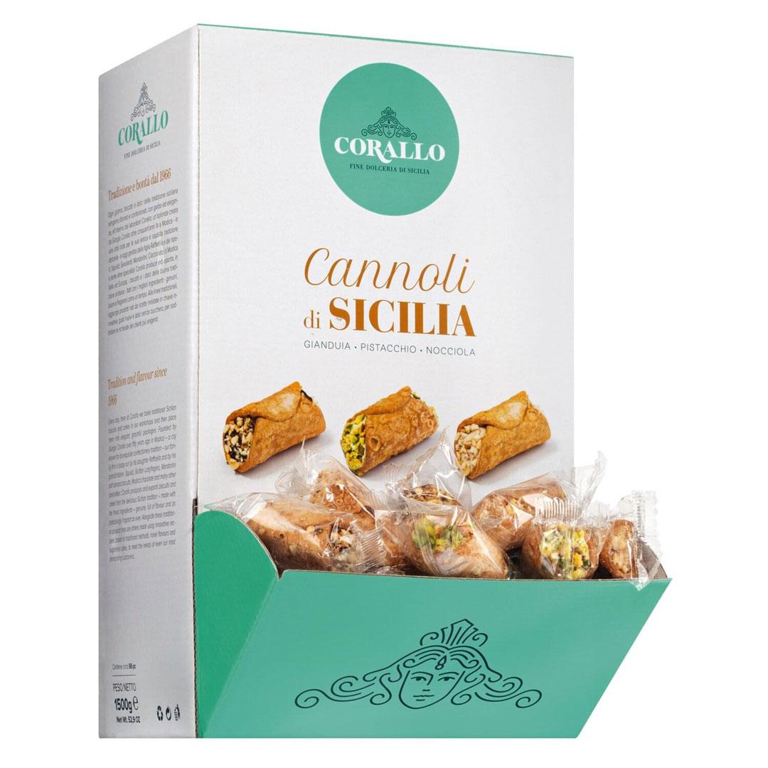 Cannoli di Sicilia 1.500 g – Display mit 56 einzeln verpackten sizilianischen Cannoli, gefüllt mit Pistazien-, Gianduia- und Haselnusscreme, Il Gusto di Mario.