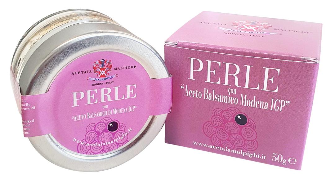 Saporoso Balsamico-Perlen – süß-saure Essigkugeln aus 6 Jahre gereiftem Balsamico, ideal zu Wild, Käse und dunklem Fleisch, erhältlich bei Il Gusto di Mario.