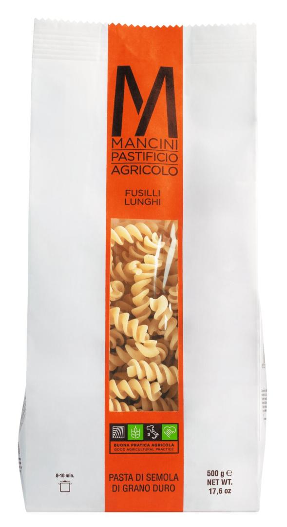 Fusilloni – große Spiralnudeln aus Hartweizengrieß, roh, in rustikaler Verpackung.
