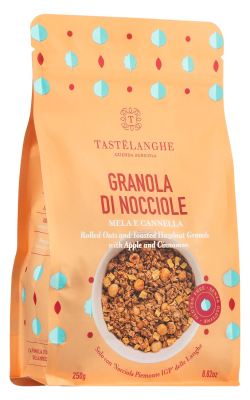 Glutenfreie Granola mit Haselnüssen, Apfel und Zimt von Il Gusto di Mario – knuspriges Frühstücksvergnügen mit Piemonteser Haselnüssen.