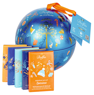 Boule de Noël – Weihnachtskugel aus Metall, 10 g, gefüllt mit 2 x 5 Vollmilch-Minitafeln in verschiedenen Sorten