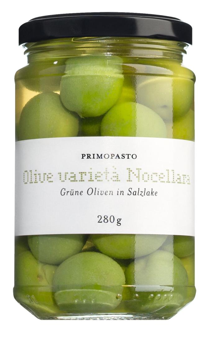 Grüne Oliven Nocellara 280 g – fruchtige sizilianische Oliven mit Stein in Salzlake