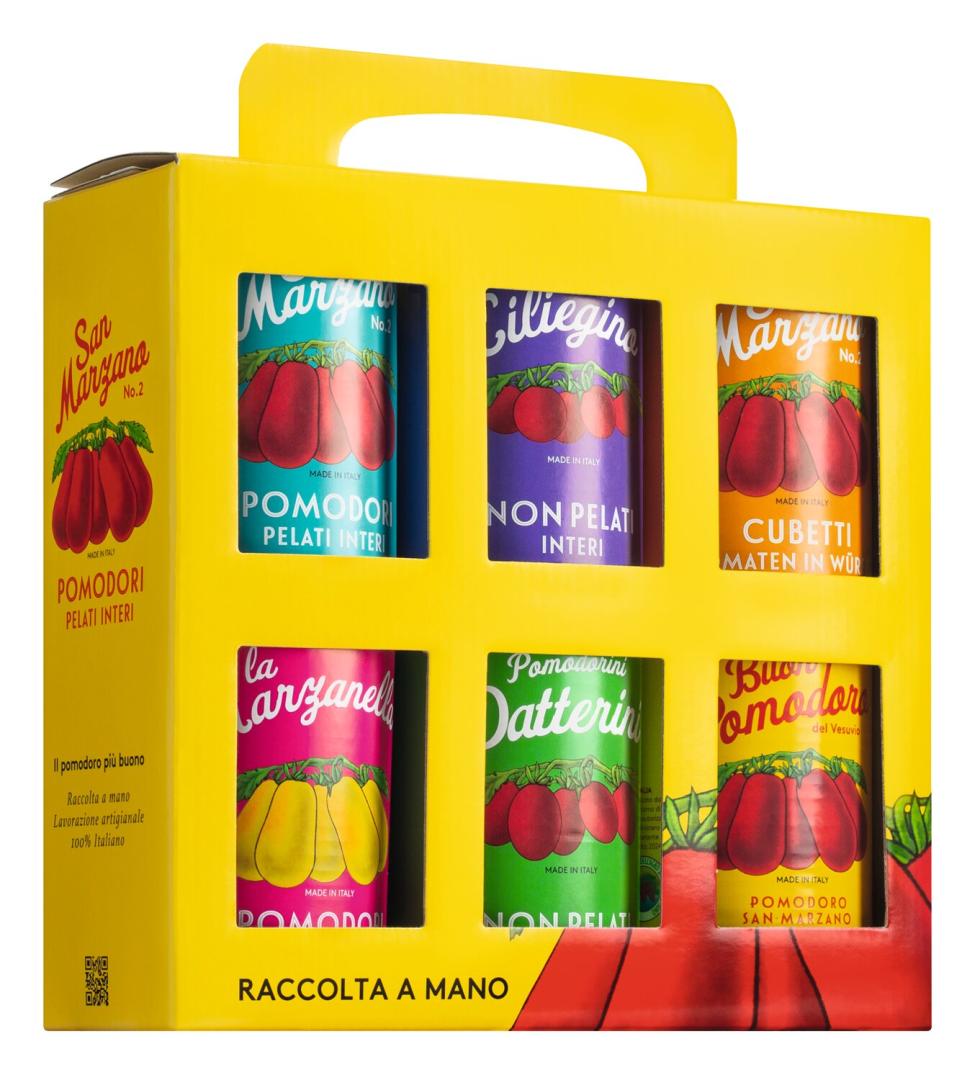 Dekorativer Vintage-Träger mit 6 Sorten italienischer Dosentomaten – San Marzano, Ciliegino, Datterini & mehr – ideal für Sughi und als Geschenk bei Il Gusto di Mario.