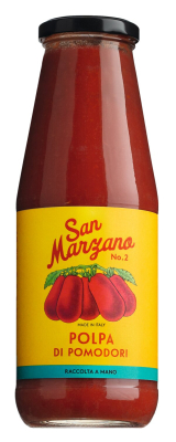 Polpa Tomatenfruchtfleisch in Vintage-Flasche aus San Marzano Tomaten – bei Il Gusto di Mario erhältlich.