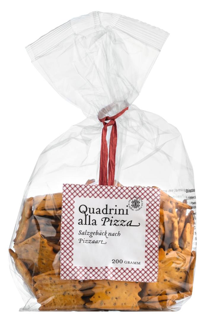 Quadrotti alla Pizza – italienischer Snack mit Tomaten und Kräutern in Verpackung