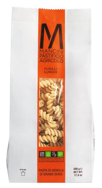 Fusilloni – große Spiralnudeln aus Hartweizengrieß, roh, in rustikaler Verpackung.