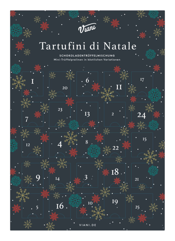 Adventskalender mit gemischten Tartufini dolci, 175 g – 6 Sorten Trüffelpralinen in festlicher Verpackung