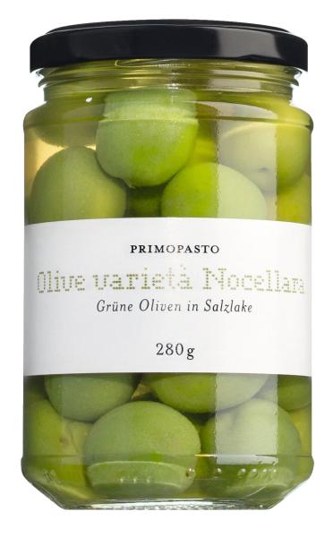 Grüne Oliven Nocellara 280 g – fruchtige sizilianische Oliven mit Stein in Salzlake