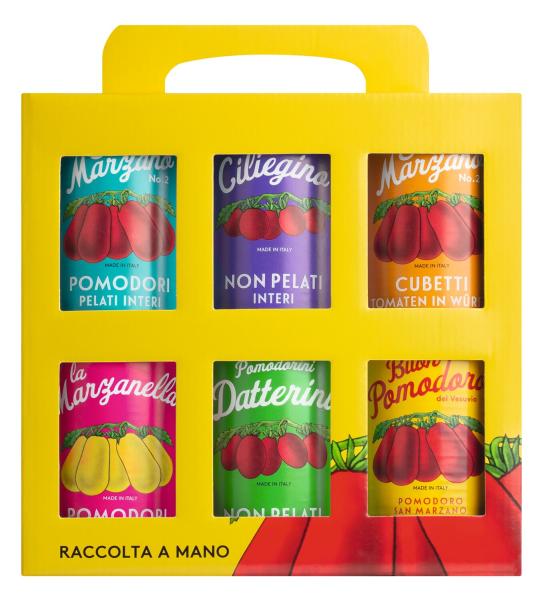 Dekorativer Vintage-Träger mit 6 Sorten italienischer Dosentomaten – San Marzano, Ciliegino, Datterini & mehr – ideal für Sughi und als Geschenk bei Il Gusto di Mario.