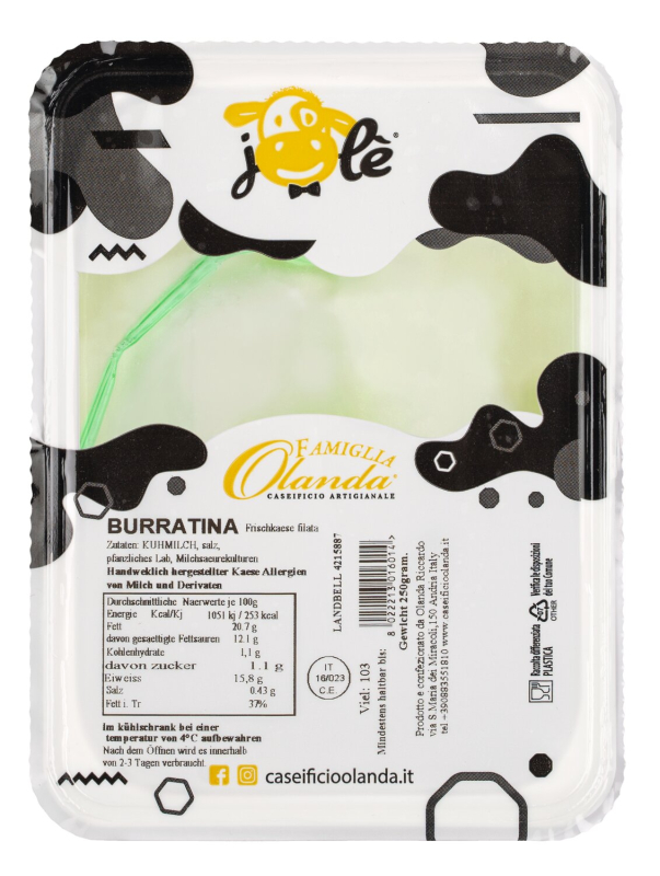 Burratina di Andria 250 g – cremige Burrata aus Apulien mit Stracciatella-Kern auf Teller serviert