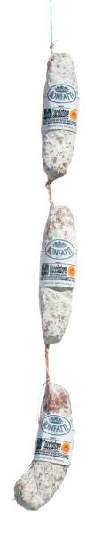 Salame Cacciatore DOP – luftgetrocknete Jägersalami aus reinem Schweinefleisch in Dreierstrang.