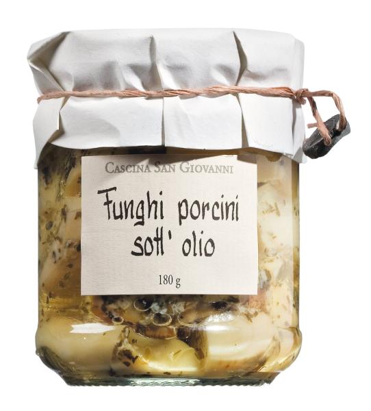 Steinpilze süß-sauer in Olivenöl mit Kräutern – italienische Delikatesse als Antipasti oder Beilage.