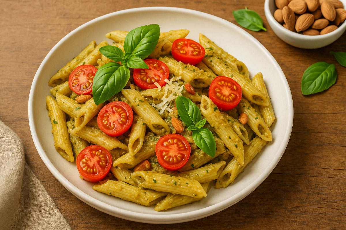 Penne al Pesto Trapanese mit Tomaten-Mandel-Pesto und Basilikum