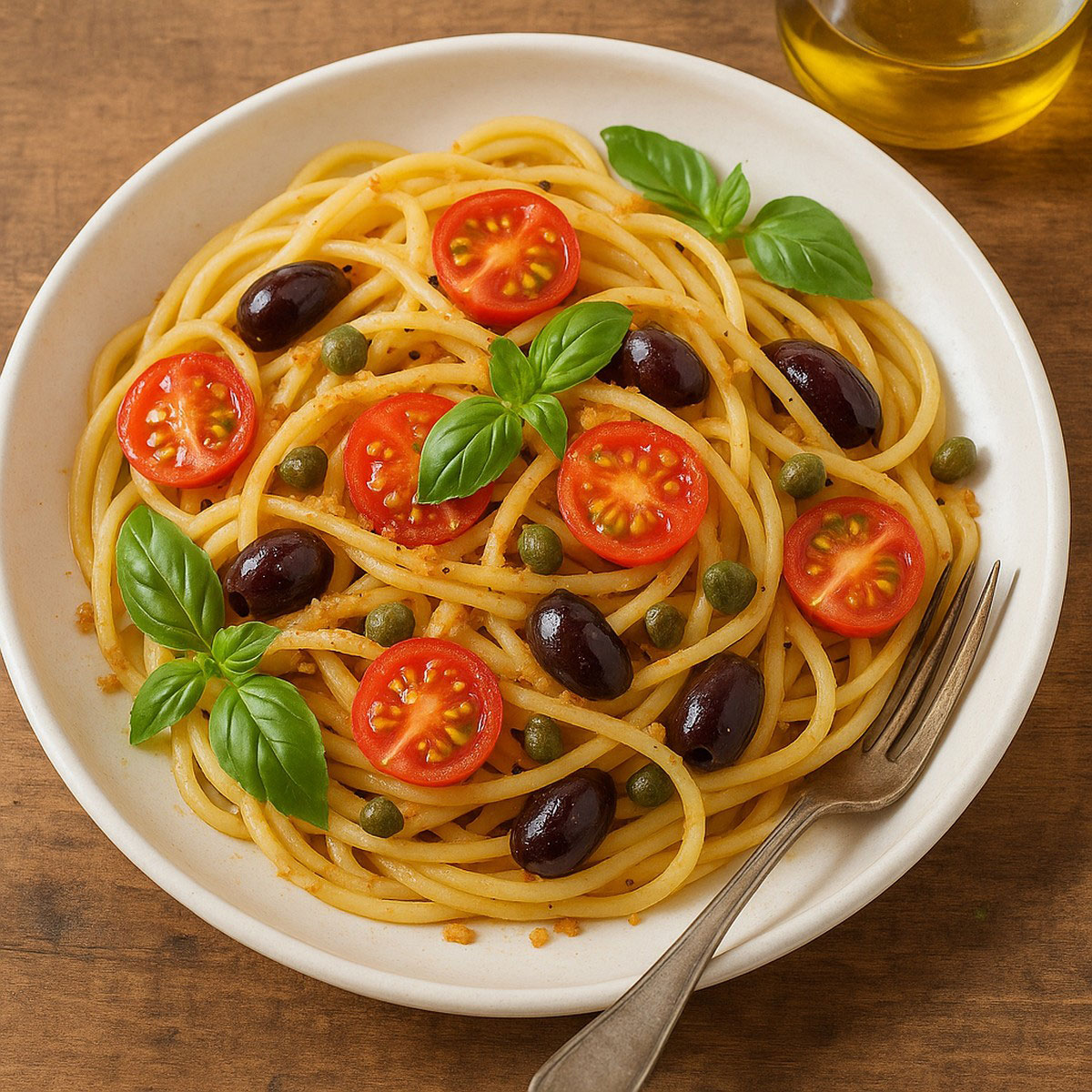 Spaghetti alla Siciliana – Teller mit Tomaten, Taggiasca-Oliven und Kapern